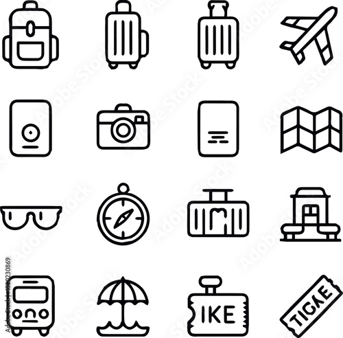Essential travel icons set airplane luggage passport camera map compass sunglasses ticket trip summer flight