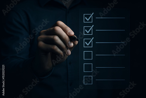 Hand checking items off a checklist on glass