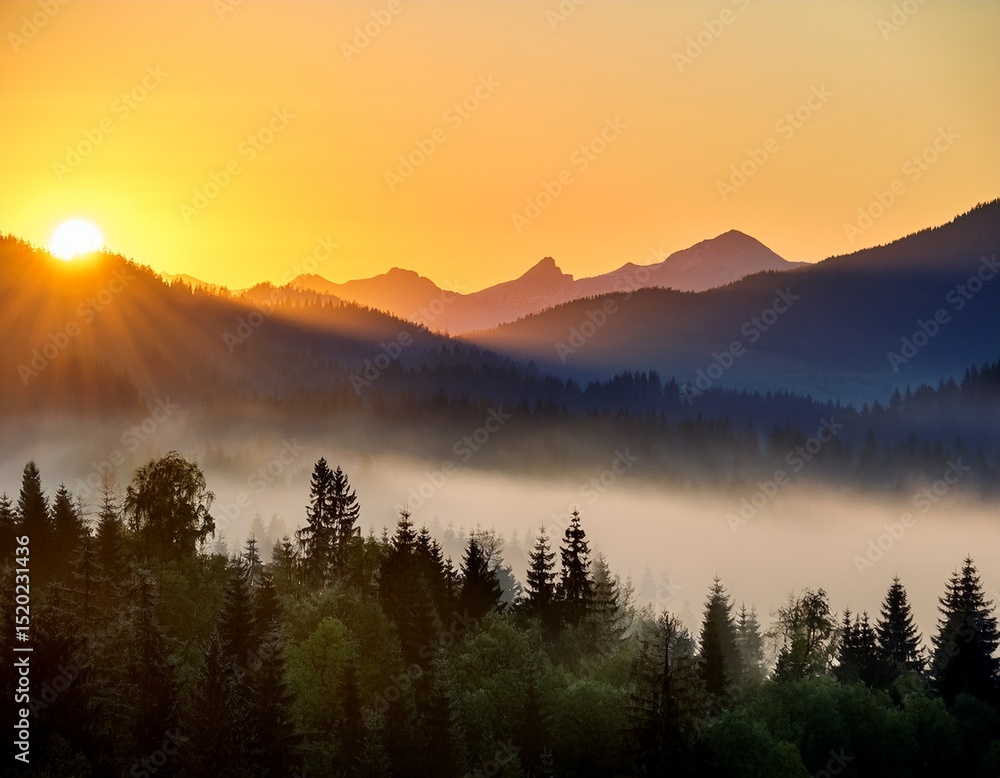 Fototapeta premium golden hour sunrise over majestic mountain range and foggy forest