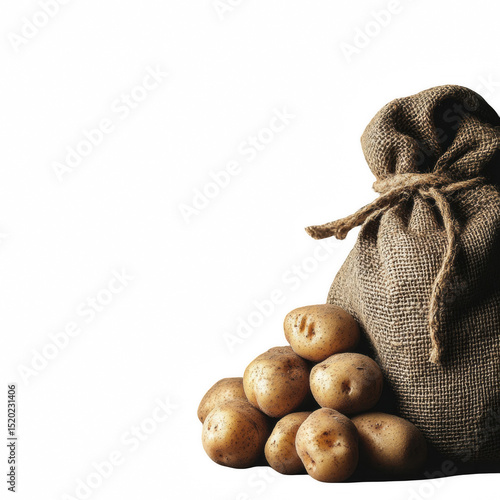 Burlap Sack Spilling Rustic Potatoes on Wood Table