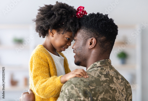 Canvastavla Portrait Of Black Cute Little Girl Embracing With Her Military Father, African A