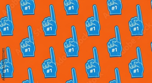 A fun and energetic pattern featuring the iconic number one foam finger on a colorful orange backdrop.