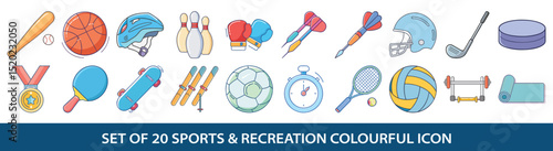 Set of twenty sports and recreation colourful icons illustration