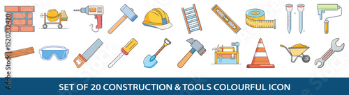 Set of twenty construction and tools colorful icons illustration