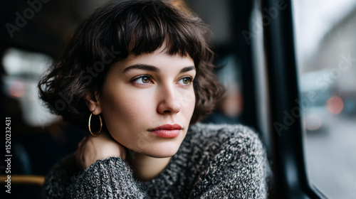 Pensive young woman with a bob hair style looking out of the window, closeup
