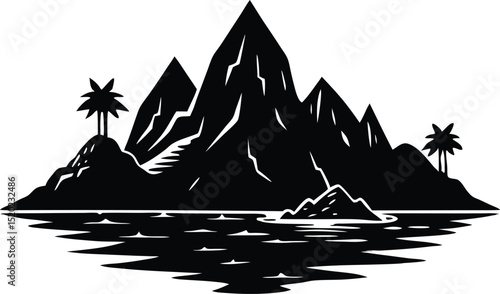 remote island with mountains silhouette, peaceful island view silhouette