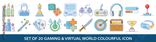 Set of twenty gaming and virtual world colorful icons collection