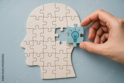 Hand placing idea puzzle piece into head jigsaw