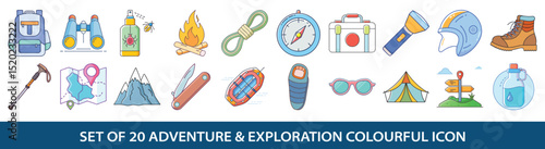 Set of twenty adventure and exploration colorful icons for hikers and campers