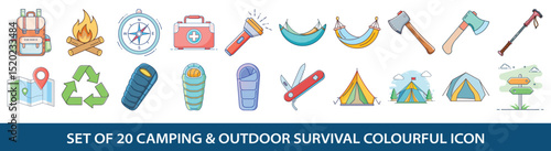 Collection of twenty camping and outdoor survival colorful icons