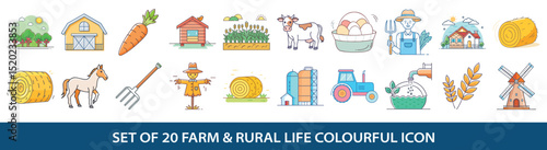 Set of twenty farm and rural life colorful icons collection