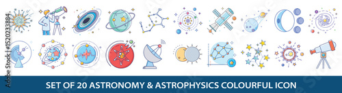 Set of twenty astronomy and astrophysics colorful icons showing celestial bodies and astronomical tools