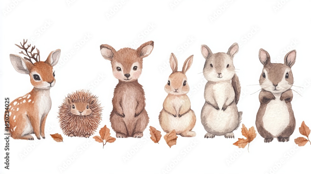 Naklejka premium Adorable hand-drawn watercolor forest animals: deer, bear, bunny, hedgehog, and squirrel. Perfect for nursery art, greeting cards, or prints. Woodland frame design. 