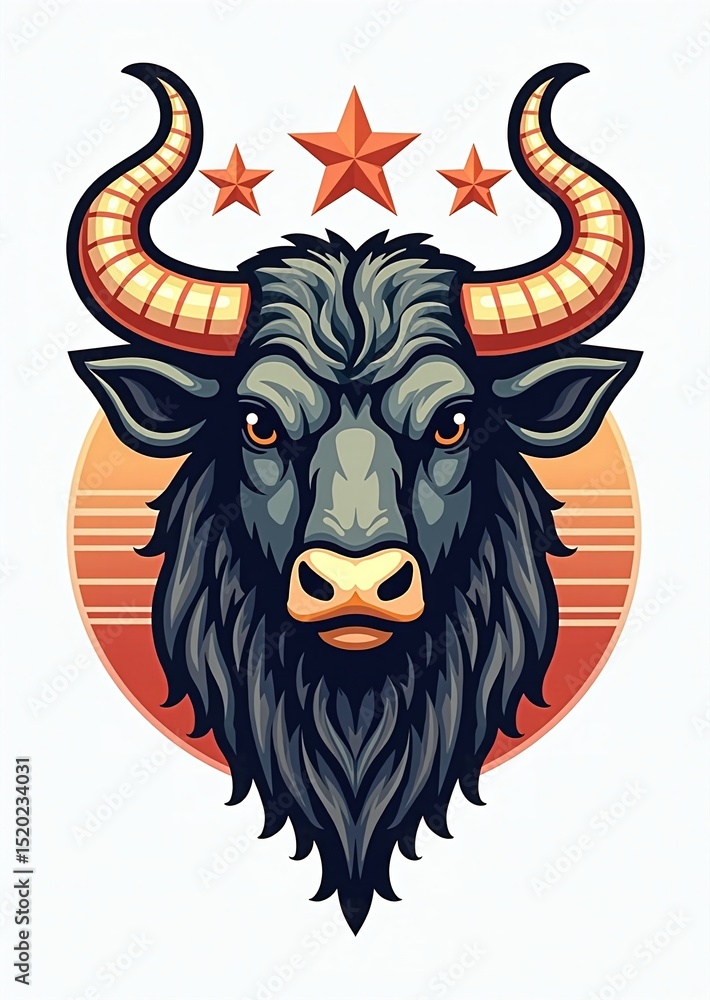 Illustrative bull head emblem, front view, white background Illustrative bull head emblem, front view, white background