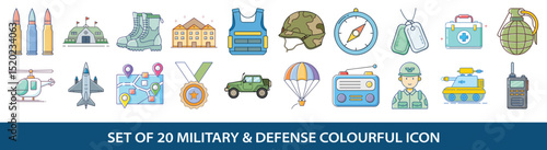 Set of Twenty Military and Defense Colorful Icons for Web and Mobile Applications
