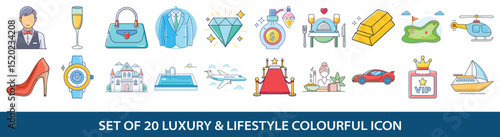 Set of twenty luxury and lifestyle colorful icons representing wealth, success, and highend experiences