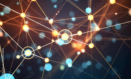 Abstract network graphic with glowing nodes and connections.