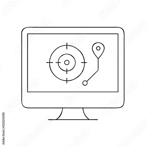 Real-time tracking screen icon with location pin on a computer monitor in a minimalist style on a white background for logistics concept