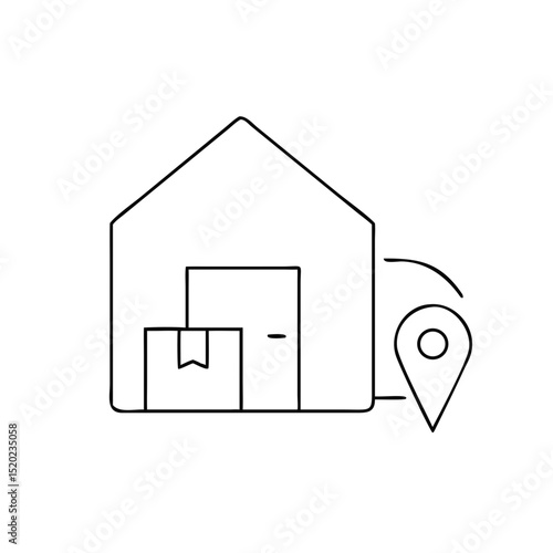 Warehouse to doorstep icon featuring a package and location pin by a house in a minimalist style on a white background for logistics concept
