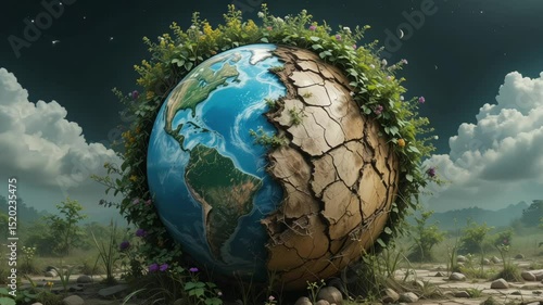 Half-green and half-dry Earth representing sustainability versus environmental decay