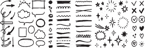 Line sketch star, text, arrow, heart decoration element icon set. Hand drawn sketch doodle cute star, emphasis, flower element. Pen line, brush, love text decoration shape icon. Hand drawn vector