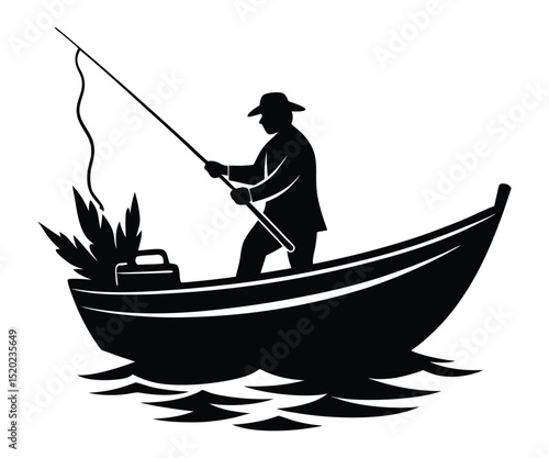 Silhouette of Angler Catching Fish in River  Vector Illustration.