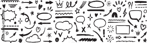 Line sketch star, text, arrow, heart decoration element icon set. Hand drawn sketch doodle cute star, emphasis, flower element. Pen line, brush, love text decoration shape icon. Hand drawn vector