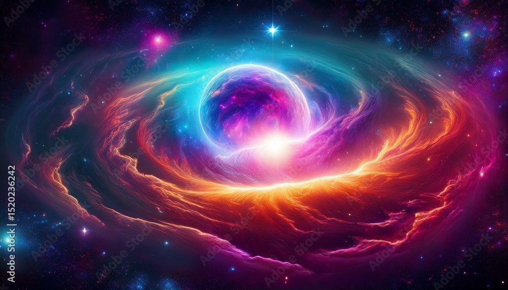 vibrant spherical nebula glows with light and color against backdrop of distant stars in deep space vibrant spherical nebula glows with light and color against backdrop of distant stars in deep space