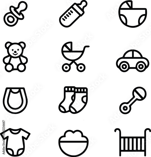Adorable baby icons set collection cute newborn child symbols car bib art kids crib line teddy socks potty