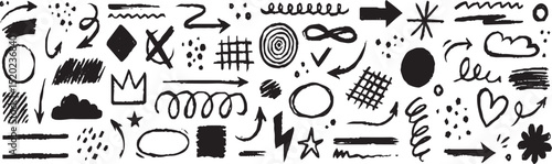 Line sketch star, text, arrow, heart decoration element icon set. Hand drawn sketch doodle cute star, emphasis, flower element. Pen line, brush, love text decoration shape icon. Hand drawn vector