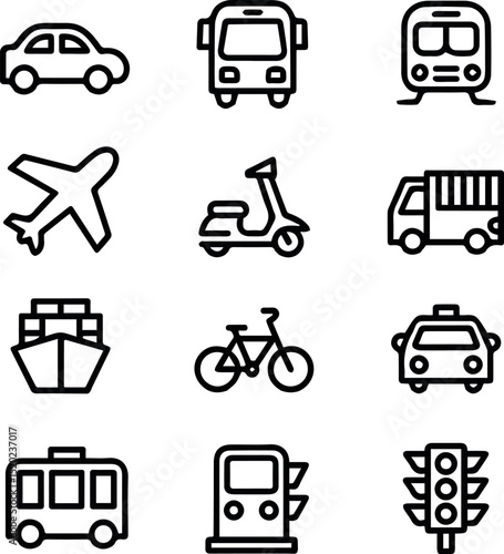 Simple line icons set transportation vehicles travel airplane bus truck car ship mode tram train light design