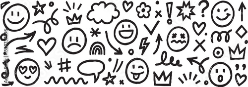 Line sketch star, text, arrow, heart decoration element icon set. Hand drawn sketch doodle cute star, emphasis, flower element. Pen line, brush, love text decoration shape icon. Hand drawn vector