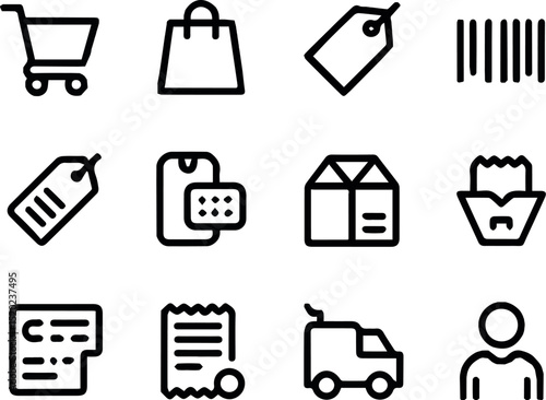 Simple black and white shopping cart icons set for e commerce website design buy sell store online retail