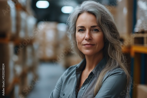 Confident Female Warehouse Manager Portrait in Logistics Industry with Gray Hair and Crossed Arms