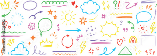 Line sketch star, text, arrow, heart decoration element icon set. Hand drawn sketch doodle cute star, emphasis, flower element. Pen line, brush, love text decoration shape icon. Hand drawn vector