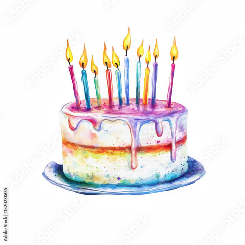 Birthday Cake and Lit Candles in Watercolor Texture