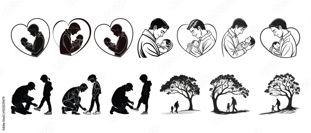 Obraz premium Father and Child Silhouette Vector Set – Loving Dad Moments Clipart for Father's Day