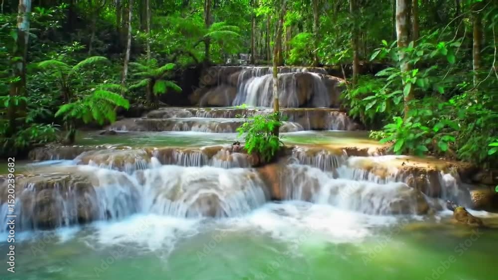 Multi-tiered tropical waterfall with mossy rocks. Cascading jungle falls with turquoise blue water. Sunlit rainforest waterfall with ferns and dense vegetation. Multi-tiered tropical waterfall with mossy rocks. Cascading jungle falls with turquoise blue water. Sunlit rainforest waterfall with ferns and dense vegetation.