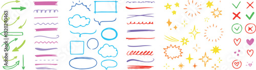 Line sketch star, text, arrow, heart decoration element icon set. Hand drawn sketch doodle cute star, emphasis, flower element. Pen line, brush, love text decoration shape icon. Hand drawn vector