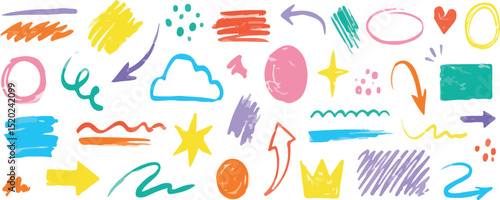 Line sketch star, text, arrow, heart decoration element icon set. Hand drawn sketch doodle cute star, emphasis, flower element. Pen line, brush, love text decoration shape icon. Hand drawn vector