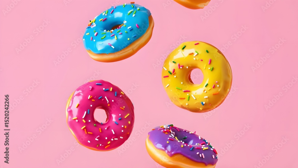 Fototapeta premium Floating Neon-Colored Donuts with Whimsical Sprinkles on Pastel Background – Playful Artistic Food Concept with Bright Electric Blue, Pink, Yellow, and Purple Icing, Dynamic Lighting, Fun Dessert Art 