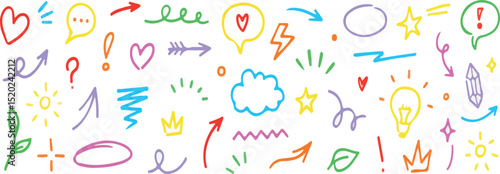 Line sketch star, text, arrow, heart decoration element icon set. Hand drawn sketch doodle cute star, emphasis, flower element. Pen line, brush, love text decoration shape icon. Hand drawn vector