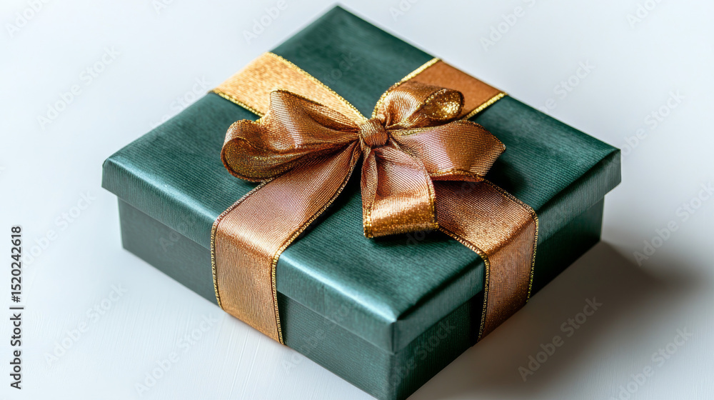 A green gift box embellished with a golden ribbon and bow is presented on a white backdrop A green gift box embellished with a golden ribbon and bow is presented on a white backdrop