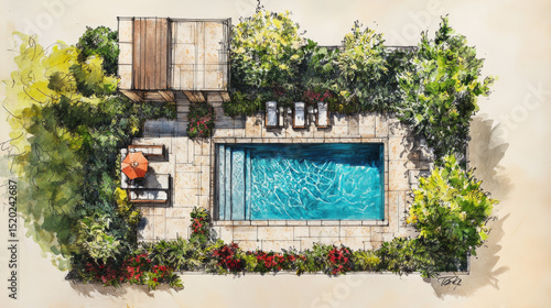 A landscape design sketch details a backyard layout plan tailored for a private villa retreat