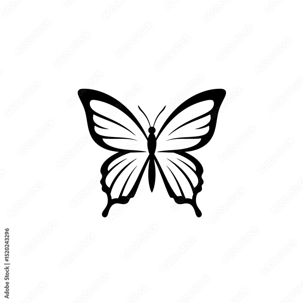 Black vector silhouette of a butterfly with intricate wing patterns. Fauna and insect species, beauty and elegance in nature Black vector silhouette of a butterfly with intricate wing patterns. Fauna and insect species, beauty and elegance in nature