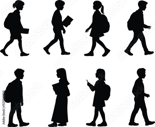Silhouette Icons of People Walking: Students, Professionals, and Everyday Commuters with Backpacks and Bags