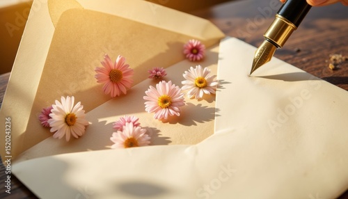 Writing on beige envelope with pink flowers and fountain pen outdoors  
