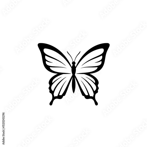 Black vector silhouette of a butterfly with intricate wing patterns. Fauna and insect species, beauty and elegance in nature