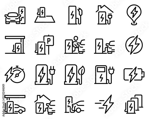 Simple Set of Car Charging Station Related Vector Line Icons. Contains such Icons as Electric socket station, Car plugged to charge, Battery and more.