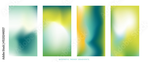 Blurry green gradient background. Simple abstract vector texture. A set of 4 spring stories. Light soft green vertical vector bg. Spring gradient stories design template for poster, social post, cover